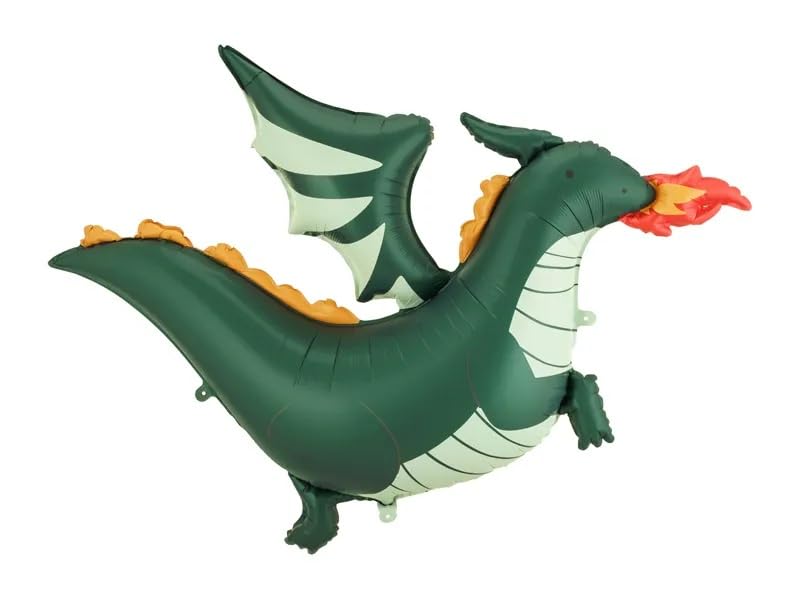 Foil Balloon Dragon, Dark Green and Mint, 120x90 cm, Fire Breathing Design, Includes Straw