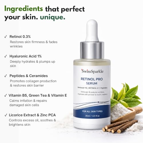 Image of SwissSparkle Retinol Serum for face | 30 ml | Advanced Skin Renewal Face Serum | Helps Improve Skin Texture, Supports Even Tone & Deep Nourishment for Healthy-Looking Skin | for Men and Women