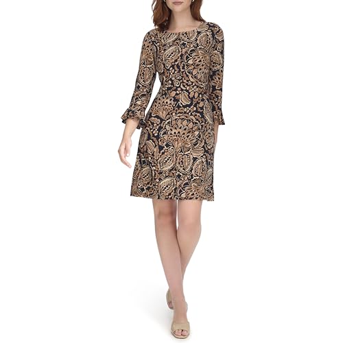 Image of Tommy Hilfiger Women's 3 /4 Ruffle Trim Sleeve Round Neck Jersey Shift Mini Dress
