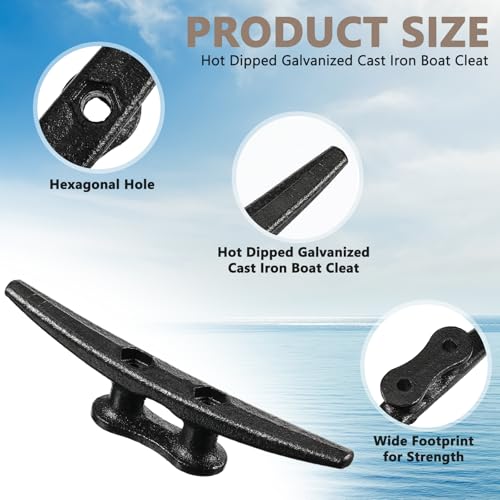 Datanly 12 Pcs Boat Cleat Open Base Dock Cleat Hot Dipped Galvanized Cast Iron Rope Hardware Include Installation Accessories Screws for Boat Docks, Decks, Marine, Kayak(6 Inch,Black)