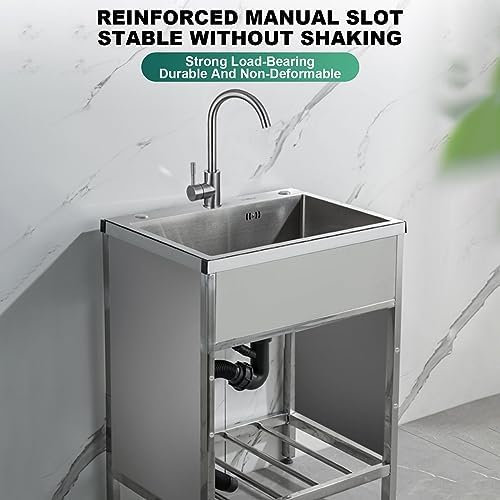 Freestanding Utility Sink,Outdoor Sink Set,Freestanding Kitchen Sink Laundry Utility Sink Stainless Steel Single Bowl Basin with Cold and Hot Water Pipe Fau(Round Faucet-50x40x75cm