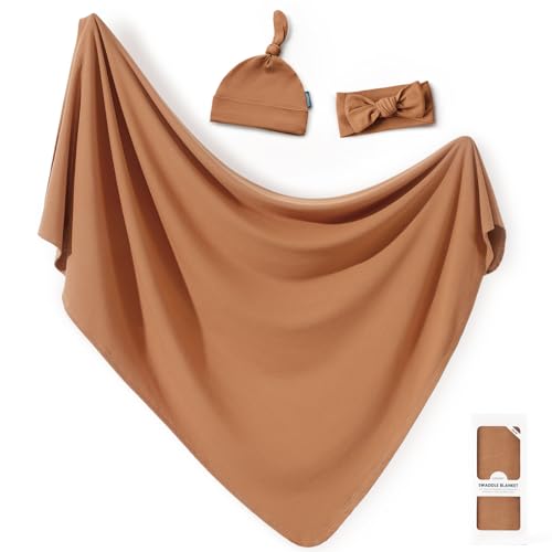 Image of GRSSDER Newborn Swaddle Blanket, Ultra Soft Jersey Receiving Blanket with Matching Headband and Beanie Set 33x44 inch, Stretchy Baby Neutral Swaddle Wrap for Girls and Boys