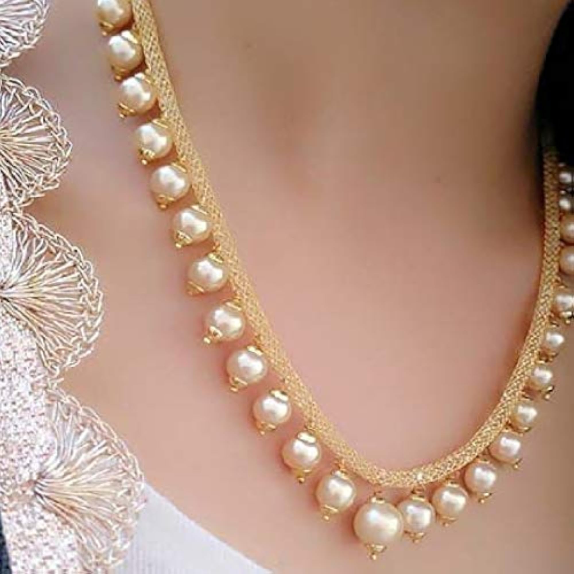 Plated Wedding Pearl Choker Necklace Set (N82087_D1)