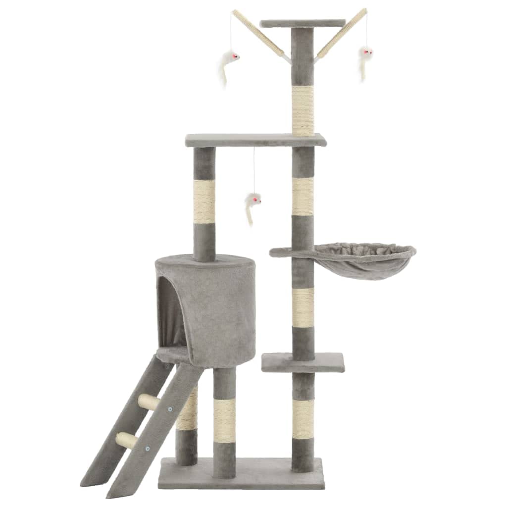 Árbol rascador para gatos con columnas de sisal, 138 cm, color gris, muebles de escalada con cueva, plataformas, zonas de descanso y 3 juguetes de ratón para apartamento