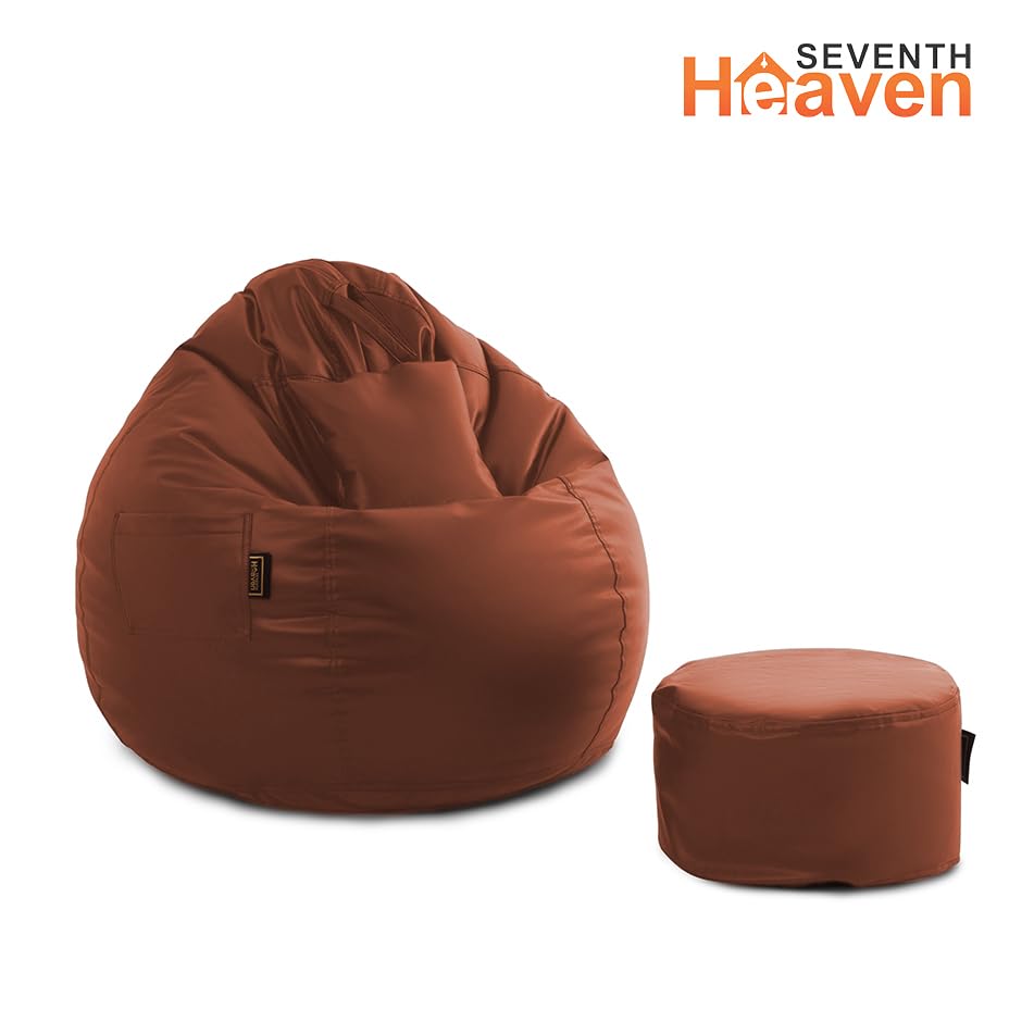 Image of Seventh Heaven 4XL Bean Bag Cover with Footrest and Cushion | Premium Scratch Resistant Leatherette | Tear Drop Bean Bag Sofa | Tan Leatherette Fabric