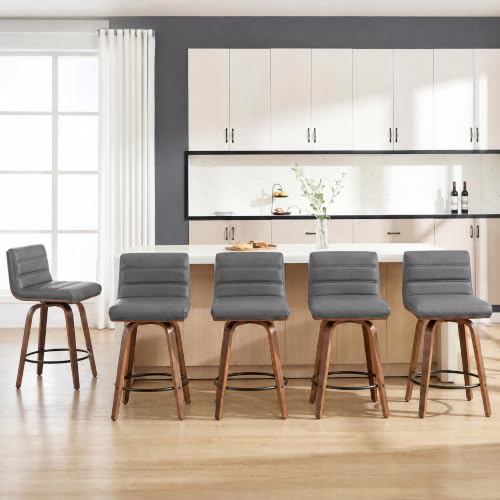 Image of Swivel Bar Stools Set of 5,26 inch Faux Leather Counter Height Barstools with Back,Mid Century Modern Upholstered Bar Chairs with Bentwood Legs Island Stools for Kitchen Counter Darkgrey