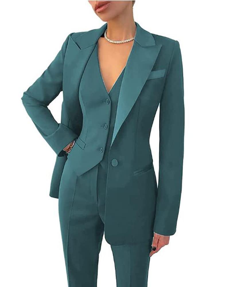 Leader of the Beauty Women's 3 Piece Office Work Blazer Vest Pants Business Pants Suit Set Prom Party Suit Teal