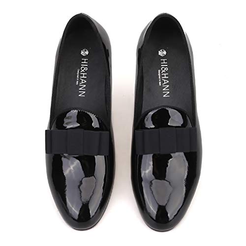 HI&HANN Black Patent Leather Men Loafers with Black Bowtie Slip-on Loafer Round Toes Smoking Slipper-13.5-Black