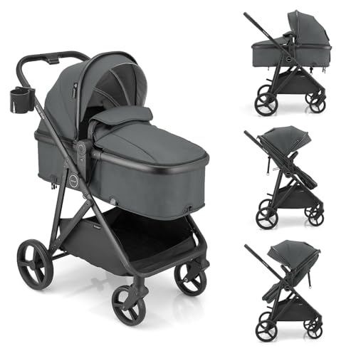 Image of Gromast 3-in-1 Baby Stroller, Convertible Stroller for Newborn Infant Toddler with Reversible Seat, UPF 50+ Canopy & Cup Holder - Gray