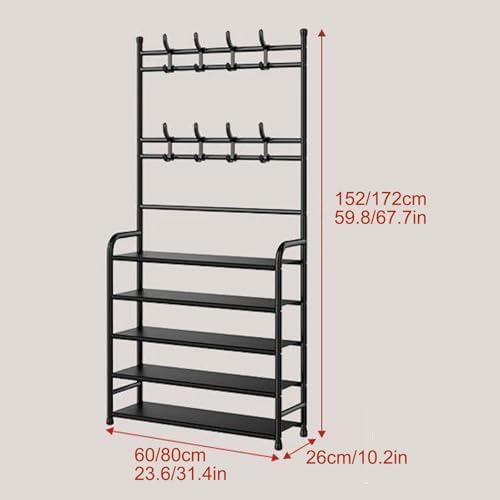 Portable Tall Shoe Rack, 16-20 Pairs Boot Organizer, Sturdy Narrow Storage Shelf with Hooks for Entryway & Closet, Black Door Cabinet (80x172cm/31.4x67.7in)