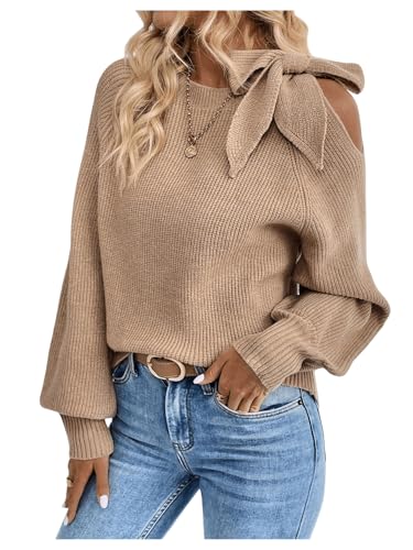 MakeMeChic Women's Long Sleeve Sweater Round Neck Cut Out Bow Knot Asymmetrical Knit Tops