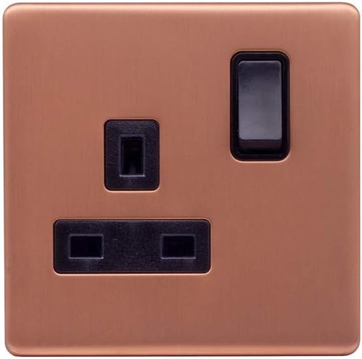 Lieber Brushed Copper 13A 1 Gang Switched Plug Socket, Double Pole - Black Insert Screwless