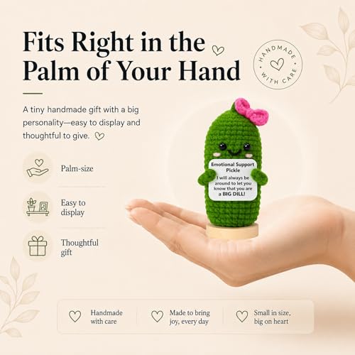 Image of Emotional Support Pickle Crochet with Stand. Handmade Positive Pickle Gift for Women, Friends, Family, Co Workers. Birthday Gifts. Best Friends (Pink Support Pickle)
