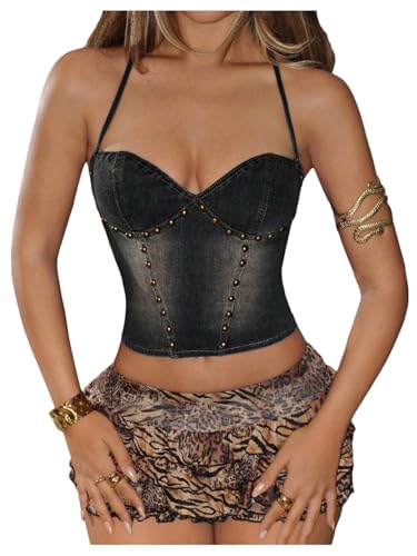 MakeMeChic Women's Y2k Denim Camis Crop Top Backless Rivet Studded