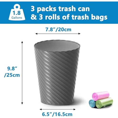 Image of Lysam Bathroom Trash Can, 3 Pack 1.8 Gallons Small Trash Can with Trash Bags, Bathroom Garbage Can, Plastic Trash Bin, Round Waste Basket for Bedroom, Office, Room (White Pink Grey)