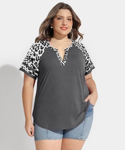 Image of CARCOS Plus Size Tops for Women Short Sleeve Summer Pullover Color Block Crewneck /V Neck Tee Tunic Loose Fit Tshirts XL-5XL