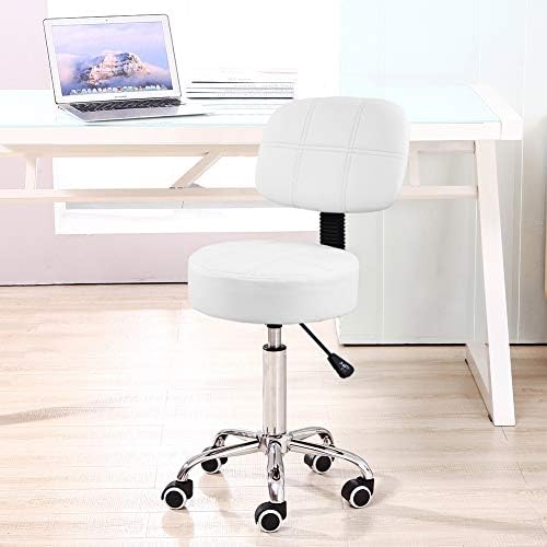 KKTONER Round Rolling Stool with Back PU Leather Height Adjustable Swivel Drafting Work SPA Salon Stools Chair with Wheels (White)