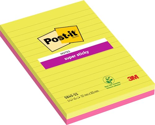 Post-it Super Sticky Large Notes, Pink and Green, Lined, 127 mm x 203 mm, 45 Sheets/Pad, 2 Pads - Self-stick Notes For Note Taking, To Do Lists & Reminders
