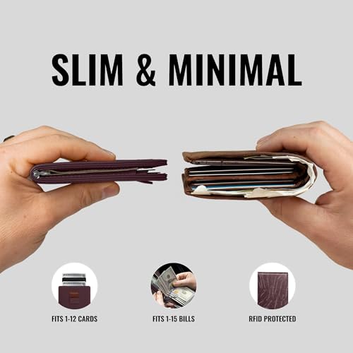Image of Kings Loot Wallet for Men | Minimalist Slim RFID Blocking Leather Design with Cash Pocket & Card Pull Strap | Holds 1-12 Cards | Stylish & Durable Wallets (Berrywood)