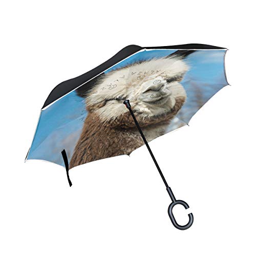 Preisvergleich Produktbild SKYDA Umkehr-Regenschirm, witzige Alpaka-Umkehr-Regenschirme, doppelschichtig, Winddicht, für Auto, Regen, Outdoor, mit C-förmigem Griff