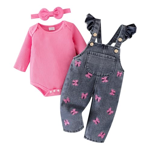 FOCICI Baby Girl Clothes 6-9 Months Romper Infant Jeans Adjustable Suspender Overalls Cute Headband 3Pcs Fall Winter Outfits Set Rose Red