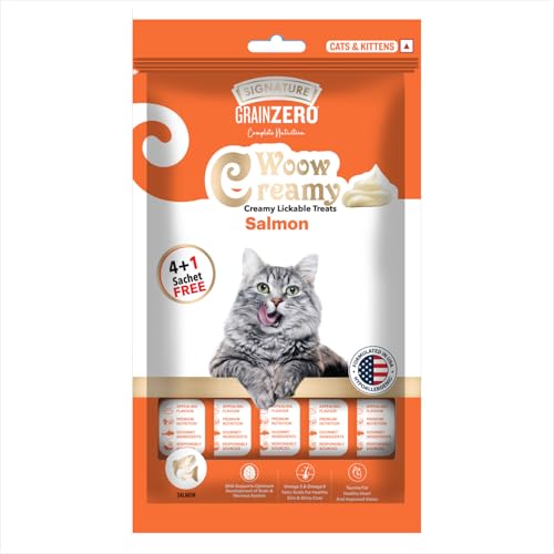 Image of Grain Zero Creamy Lickable Cat Treats (75g x 5 Pouches) Total 375g | Salmon | Promotes Hydration | No Artificial Preservatives | Best for Training & Bonding | for Kitten & Adult
