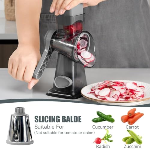 Image of KEOUKE Rotary Cheese Grater Pro 6 in 1 - Shredder Crinkle Slicer Grinder Ice Shaver, Stable Suction, Time-saving Easy Use & Clean, Safe Morden Kitchen Tool for Cheese, Vegetable, Nuts, Chocolate