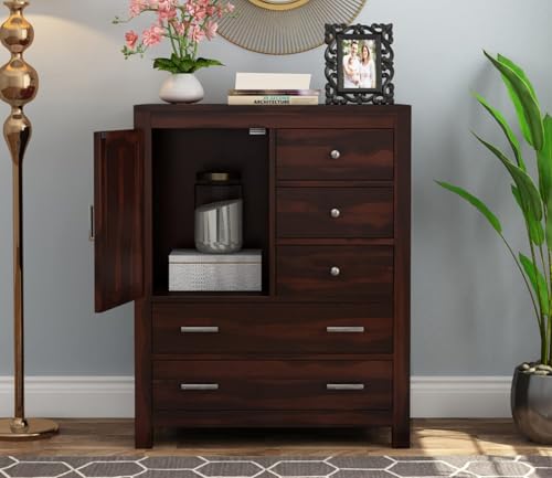 Image of Solid Sheesham Wood 5 Drawer Chest of Drawers with 2 Shelf Storage and Spacious Dresser for Hall Home Office Furniture, Kitchen Cabinet, Stylish Wooden Drawers (Henry)