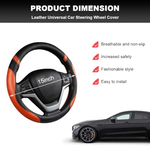 Image of Car Steering Wheel Cover, 15 Inch Premium Leather Breathable Non-Slip Wheels Wrap, Universal Auto Comfortable Steering Wheel Protector for SUV Truck Van, Car Accessories (Orange)