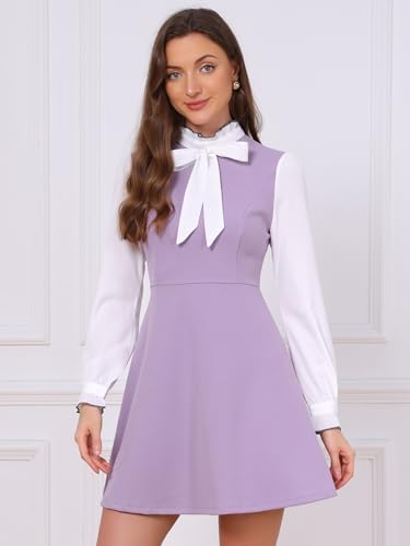 Image of Allegra K Tie Neck Dresses for Women's 1960s Vintage Long Sleeve Contrast Color Dress