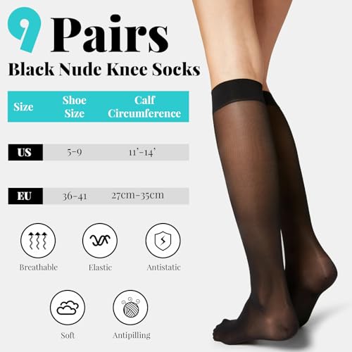 Image of 9 Pairs Knee High Socks Pop Sock For Women, Node Crew Women's Knee Sock, Sheer Long Socks Stockings For Women Knee High Tights Sheer Nylon Stockings For Girl Black