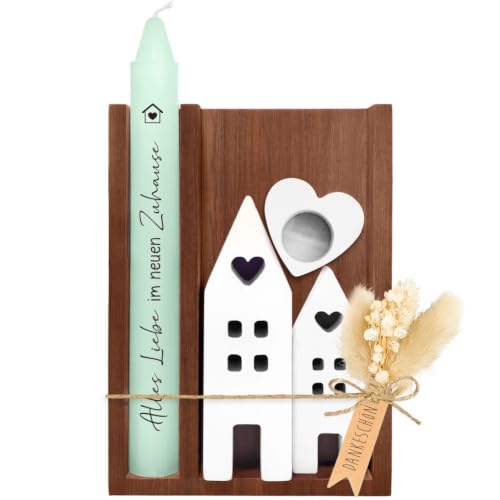 Einweihungsgeschenk Haus Wohnung, Holzbox mit Kerze und Kerzenhalter, Trockenblumen und 2 Deko...