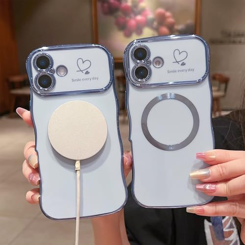 ZONRW for iPhone 16 Plus Case Magnetic,for Women Girls Soft Cute Wave Frame Curly Shape Love Heart Luxury Plating Phone Case Compatible with MagSafe Shockproof Back Cover 6.7"-Blue by ZONRW - Used condition - Image 3