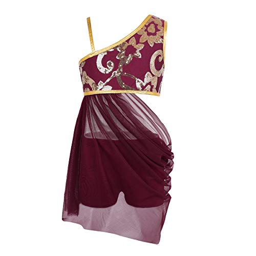 iEFiEL Big Girls Youth Lyrical Costume Asymmetrical Mesh Overlay Sequined Dance Performance Dresses Burgundy 8