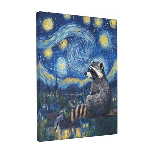 Raccoon Starry Night Canvas Wall Art Animal Pictures for Kitchen Living Room Bedroom Bathroom Office,Raccoon Abstract Print Wildlife Raccoons Painting Home Modern Art Work Framed Wall Decor 16" x 12"