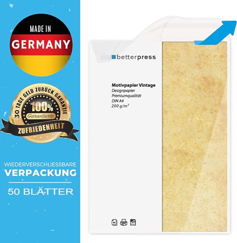 Betterpress® 25 Blatt DIN A4 120 g/m² Urkundenpapier A4 bedruckbar Gastropapier Briefpapier Altes Vintage Papier Elefantenhaut Papier Speisekartenpapier beidseitig Schatzkarte Flaschenpost