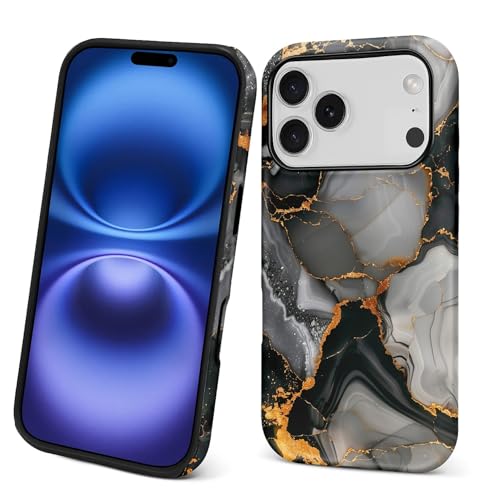 Coque rigide iPhone 17 Pro hybride finition marbre veines fluides or et noir
