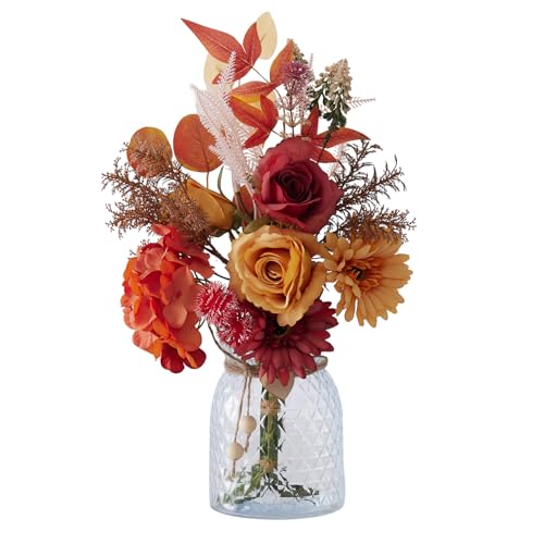 ODE TO ORDER Fake Flowers with Vase, Faux Flowers in Vase, Orange Silk Gerbera Artificial Flowers Bulk Arrangements for Home Decor for Living Room Bathroom Office Table Centerpiece Shelf Decorations