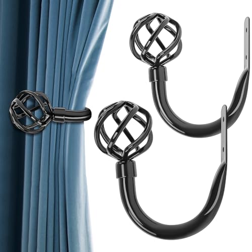 HIKMLK 2pcs Piano Black Metal Curtain Tiebacks - High-Gloss Solid Cast Iron Geometric Holdbacks & Side Holders, Luxury Pull Back Holders for Drapes Window Home Decor