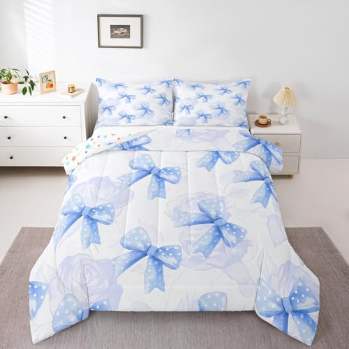 Feelyou Kids Blue Bowknot Comforter Set Toddler Size, Princess Duvet Insert Boys Girls Bow Tie Bedding Set Teens Bedroom Decor with 1 Pillow Case