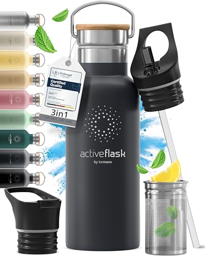 Gourde Inox Isotherme ACTIVE FLASK 1l/500ml sans BPA + Paille (3 Bouchons) | Bouteille d’eau Acier Inoxydable Isolée, Thermos Réutilisable | Camping Velo...