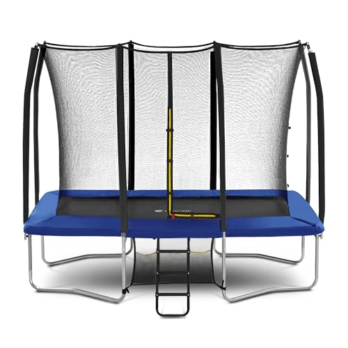 Exacme 7X10 8X12 9X14 Foot Rectangle Trampoline for Kids, Double Enclosure Openings, Small Outdoor Rectangular Trampoline with Enclosure Net, 4 Wind Stakes, Storage Bag, (Blue, 8×12 Feet)