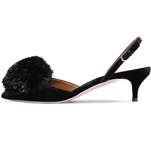 Divanne Pumps für Damen, niedriger Absatz, Sandalen, Puff, Pompon, Slingback-Pumps mit spitzem Zehenbereich, Kitten-Heels, Abendparty, Hochzeitsschuh, Samt schwarz, 40.5 EU