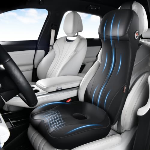 Image of Coverado Car Seat Cushion and Lumbar Support Headrest Pillow, Integrated Ergonomic Memory Foam Back Support Neck Pillow, Soft Leather Breathable Driving Seat Cushion for Sciatica Pain Relief, Black