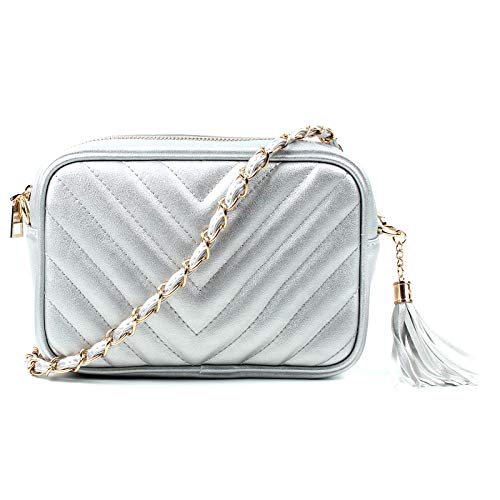 AOSSTA Women's Cross-Body Bag Designer Quilted Shoulder Bag for Women Handbag Tassel With Chain Strap (Silver, S)