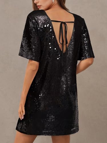 Ophestin Women's Sparkly Sequin T Shirt Dress Short Sleeve Crewneck Tie Backless Glitter Party Club Dresses3