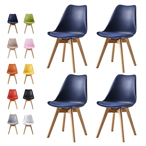 mcc direct Set of 4 Dining Chairs Wooden Legs Soft Cushion Pad Stylish DELUXE Retro Lounge Dining Office EVA (Blue)