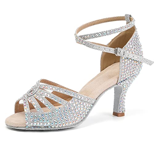 Image of JUODVMP Women's Latin Dance Shoes Rhinestones Satin Ballroom Dancing Shoes Salsa Professional Dance Shoes