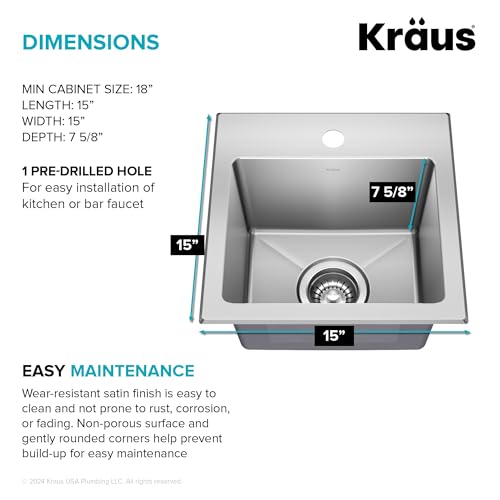 KRAUS Fairlane 15-inch Drop In/Top Mount Single Bowl 18-Gauge Stainless Steel Kitchen Bar Sink, KHT631-15 - image 9
