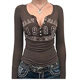 jupkem Women Y2k Crop Top Graphic Corset Long Sleeve Top Goth Slim Fit Sexy y2k Shirt Grunge Korean V Neck Streetwear Clothes(brown01 M)